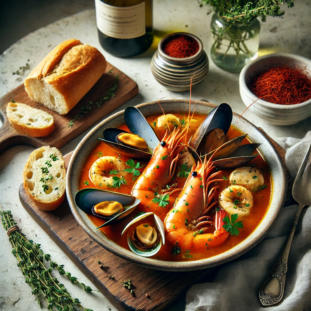 A luxurious bowl of Bouillabaisse, a rich seafood stew with a golden-orange broth, filled with plump shrimp, tender mussels, flaky white fish, and scallops. A sprinkle of fresh green parsley and thyme contrasts beautifully with the warm broth. A slice of crusty, toasted baguette rests on the edge of the bowl. To the side, a small elegant ceramic bowl holds deep red-orange saffron threads, with a few scattered around artistically. The setting is a rustic yet elegant dining table with a wooden cutting board and a linen tablecloth. Soft, natural lighting enhances the warmth of the dish. A bottle of white wine and fresh herbs subtly placed in the background.